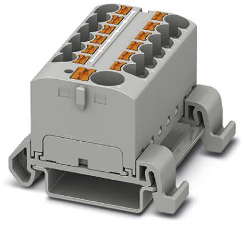 Šedý elektrický konektor s viacerými svorkami a oranžovými uzatváracími klipsňami, vhodný pre inštaláciu na DIN lištu.