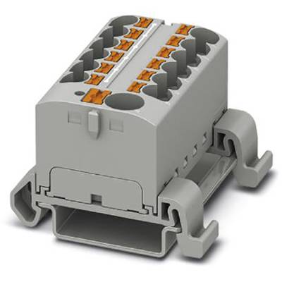 Šedý elektrický konektor s viacerými svorkami a oranžovými uzatváracími klipsňami, vhodný pre inštaláciu na DIN lištu.