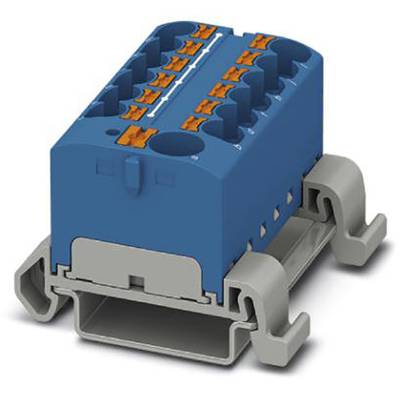 Modrý elektrický konektor s oranžovými prípojkami namontovaný na sivej základni pre elektrické zapojenie.