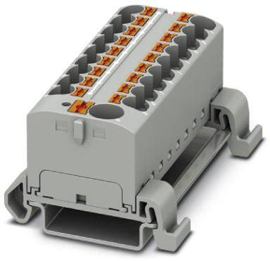 Šedý elektrický konektor s oranžovými svorkami, namontovaný na koľajnici. Slúži na bezpečné prepojenie káblov.