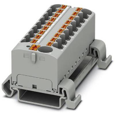 Elektrický svorkovnicový blok v sivej farbe s oranžovými svorkami na sivom držiaku, používaný na spájanie vodičov v elektrických inštaláciách.