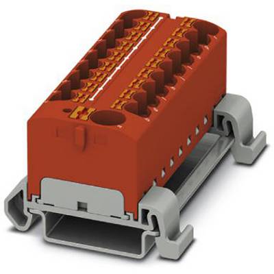 Červený elektrický prepojovací modul na sivom držiaku. Početné konektory sú viditeľné zhora.