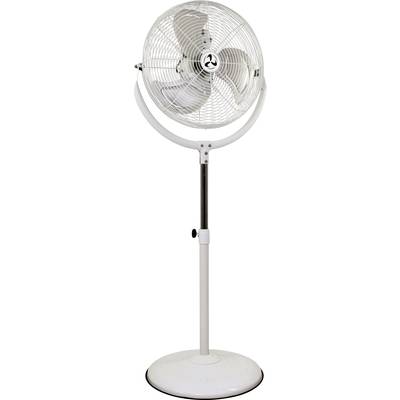Biely stojanový ventilátor so zaoblenou základňou a nastaviteľnou výškou. Rotačné listy sú chránené ochranným krytom.