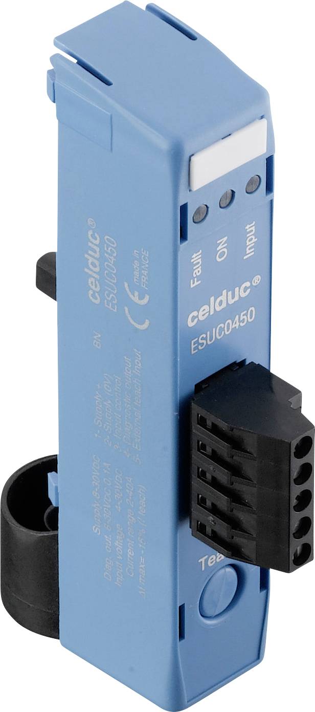 Elektronické relé Celduc, model ESUC0450, modré puzdro, čierne svorky na jednej strane.