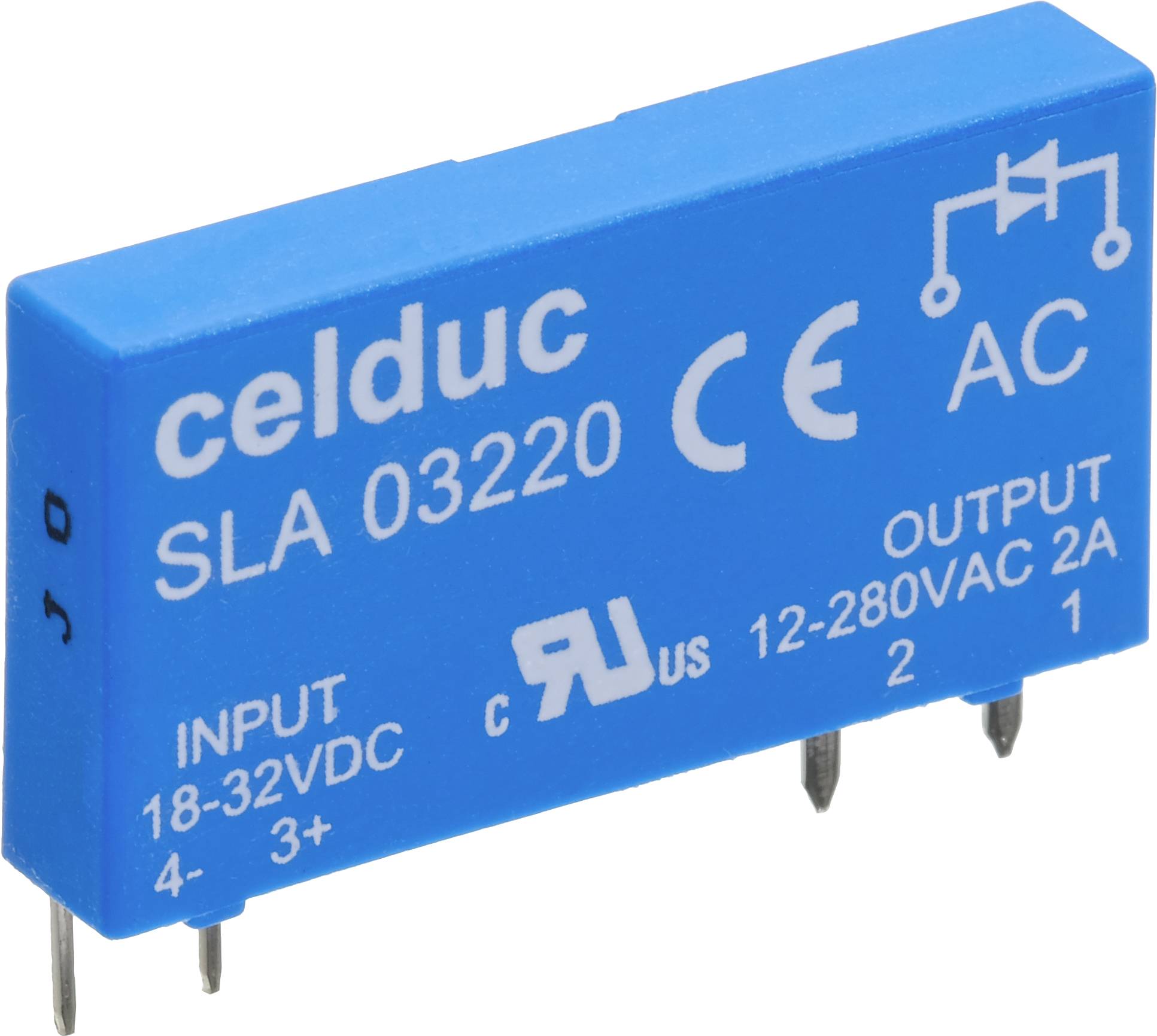 Modrý elektrický relé značky 'celduc' s modelovým číslom 'SLA 03220'. Vykazuje napäťové hodnoty: VSTUP 18-32VDC a VÝSTUP 12-280VAC 2A.