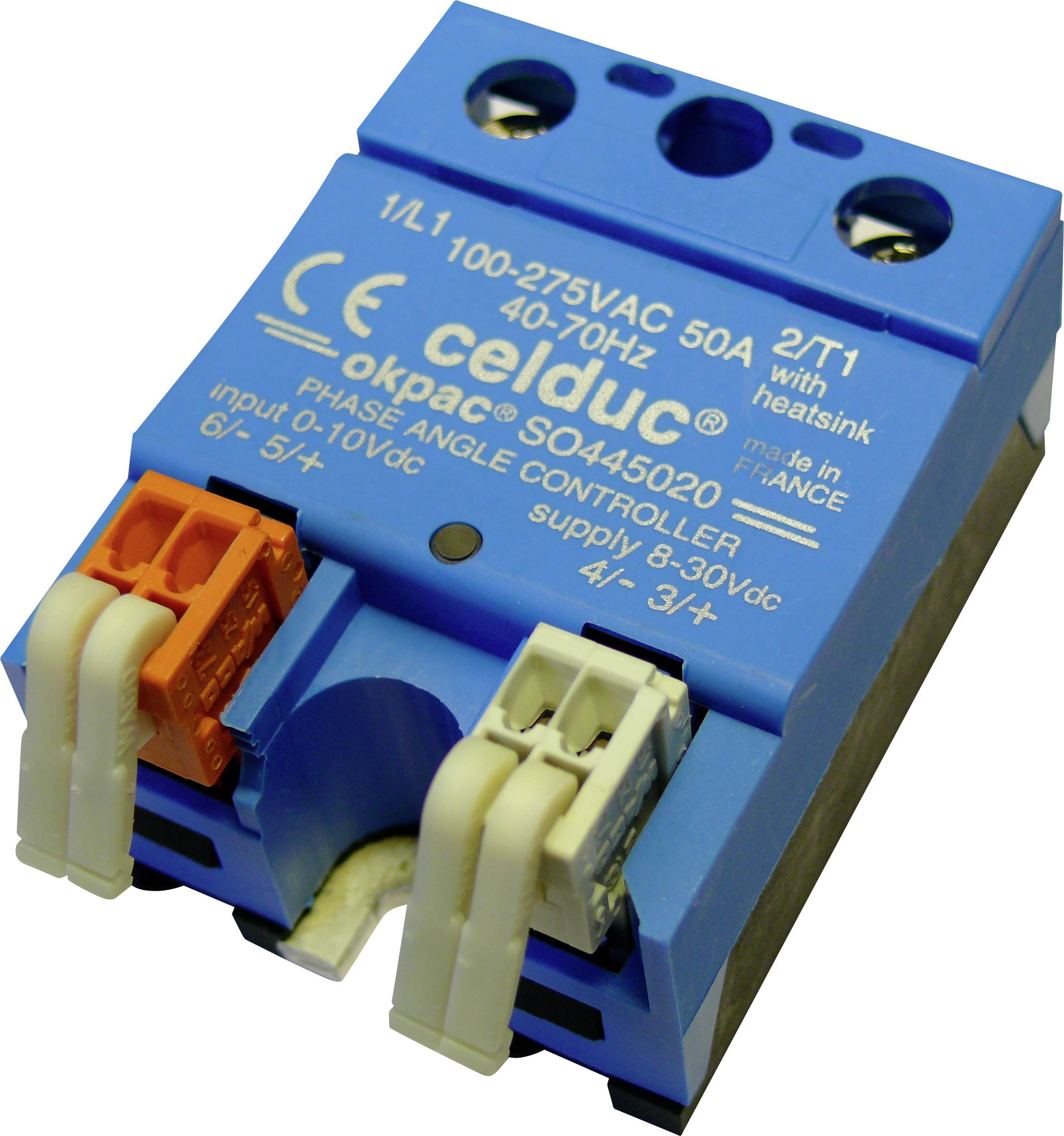 'Celduc' fázový spínač SO40S02, modré púzdro, vstup 0-10 V, výstup 100-275 VAC, 50 A, vyrobené vo Francúzsku.