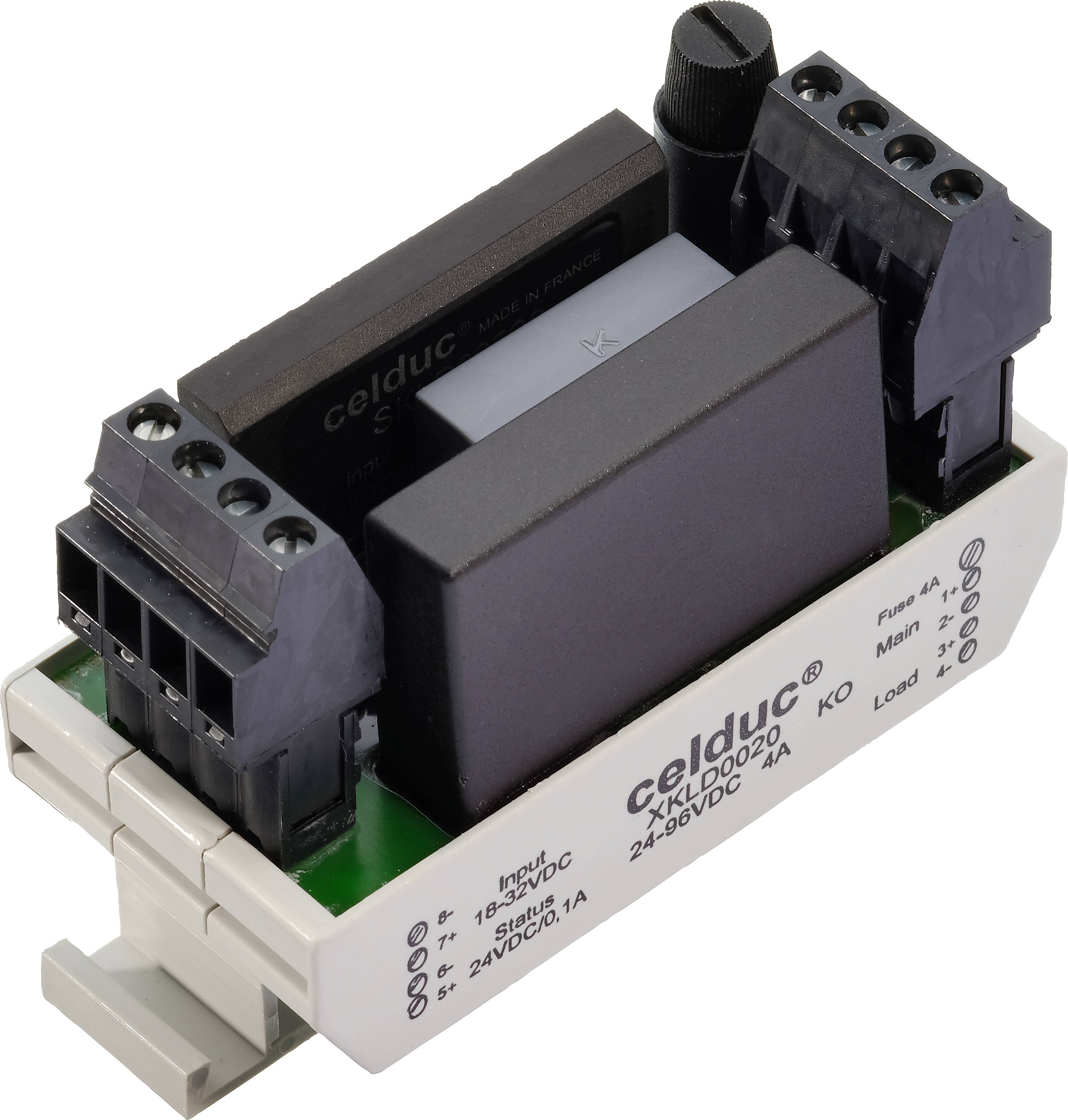 Kompaktný elektronický reléový modul s viacerými svorkami, označený technickými špecifikáciami na prednej strane.