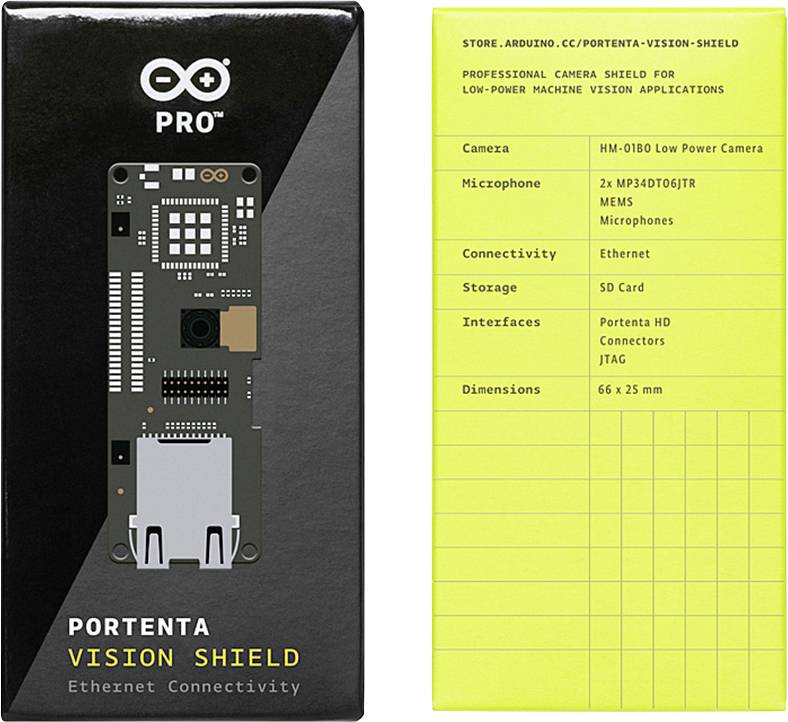 Obal a technický list pre Portenta Vision Shield s ethernetovou konektivitou, kamerou, mikrofónmi a pamäťovou kartou.