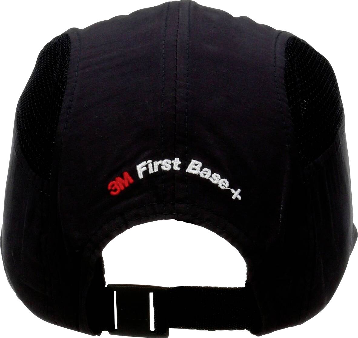 Čierna ochranná čiapka so sieťovanými vsadkami a červeným logom '3M' a nápisom 'First Base+' na zadnej strane.