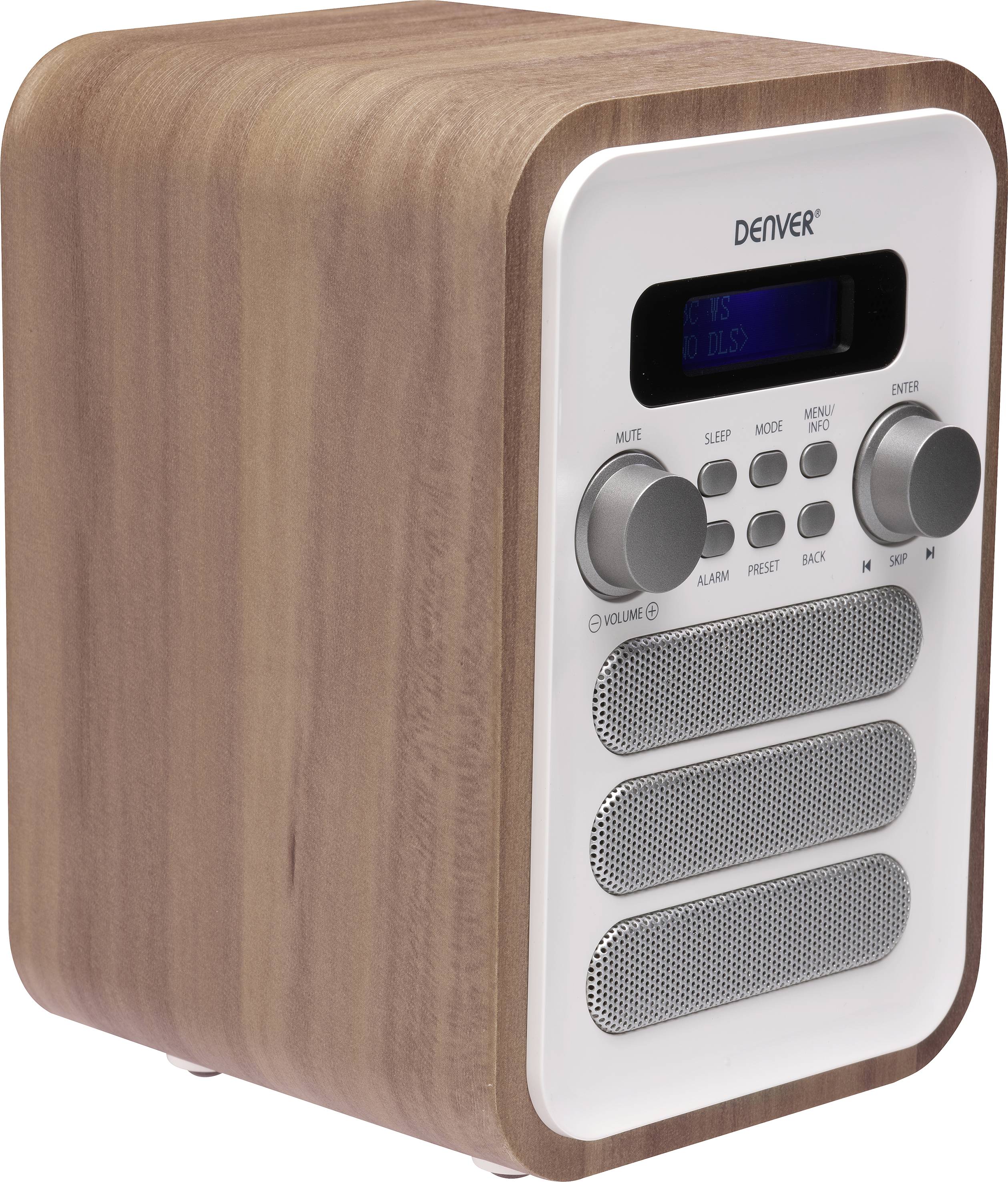 Retro rádio z dreva so striebornou čelnou doskou, viacerými ovládačmi a malým displejom na prednej strane.