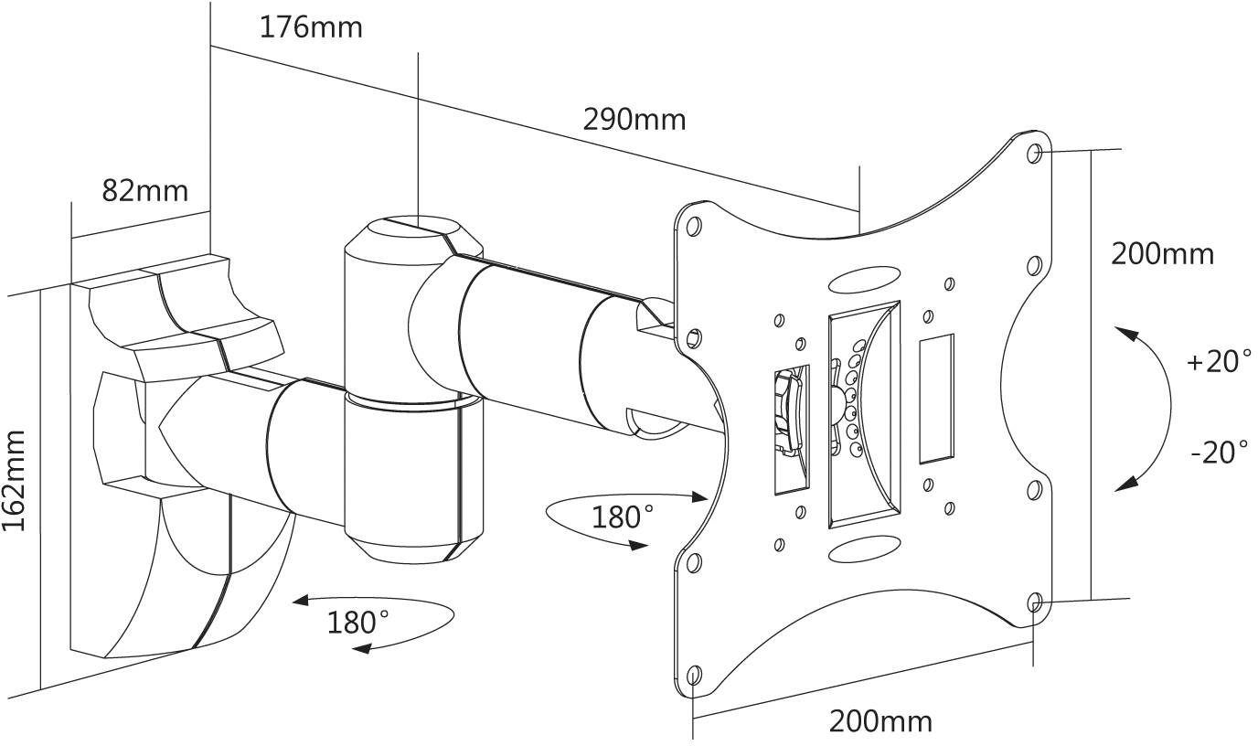 Nástenný držiak na monitory s nastaviteľným ramenom. Rozmery: 176 mm, 290 mm dĺžka; naklonenie od -20° do +20°; 180° otáčanie.