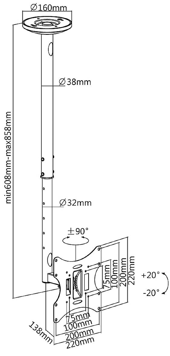 Reflecta PALLAS Extend stropný TV držiak stropný držiak, 59,9 cm (23,6") - 106,7 cm (42"), 23122-2