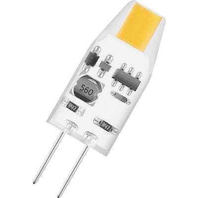 LED G4 svetelný zdroj s priehľadným puzdrom a dvoma kolíkmi. Viditeľné elektronické komponenty a žltá svetelná oblasť v hornej časti.
