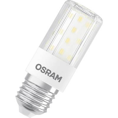 LED žiarovka od Osramu s päticou E27, valcovitého tvaru, s priehľadným krytom, zobrazujúca žltkasté svetelné zdroje vo vnútri.