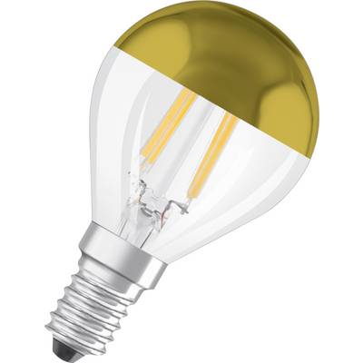 LED žiarovka so soklom E14 a zlatým krytom. Má priehľadný sklený valec a viditeľné vnútorné filamenty.