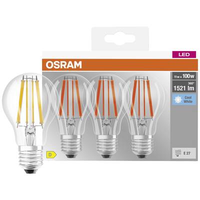 'Trojbalenie LED žiaroviek OSRAM, 11W = 100W, 360°, 1521 lm, pätica E27, studená biela, energetická trieda D.'
