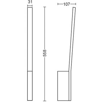 Technický výkres obdĺžnikového objektu s rozmermi: šírka 31 mm, šikmý úsek 107 mm a výška 558 mm.