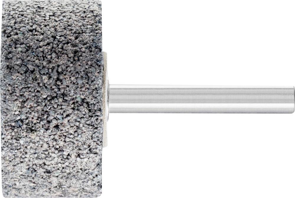 Brúsny kameň s kovovým držadlom, pohľad zboku, na bielom pozadí. Používa sa na brúsenie alebo leštenie materiálov.