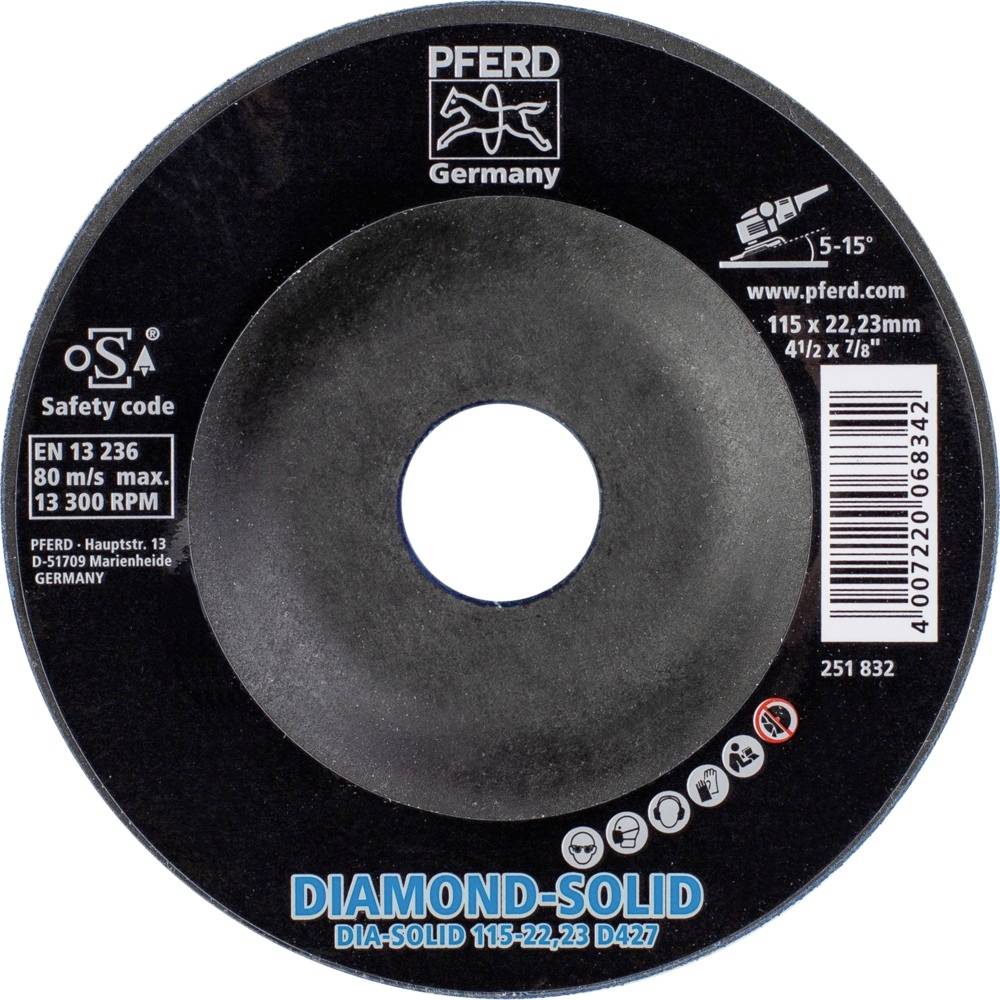 Brúsny kotúč s nápisom 'PFERD Germany Diamond-Solid'. Max. 80 m/s, 13 300 ot./min. Priemer: 115 x 22,23 mm.