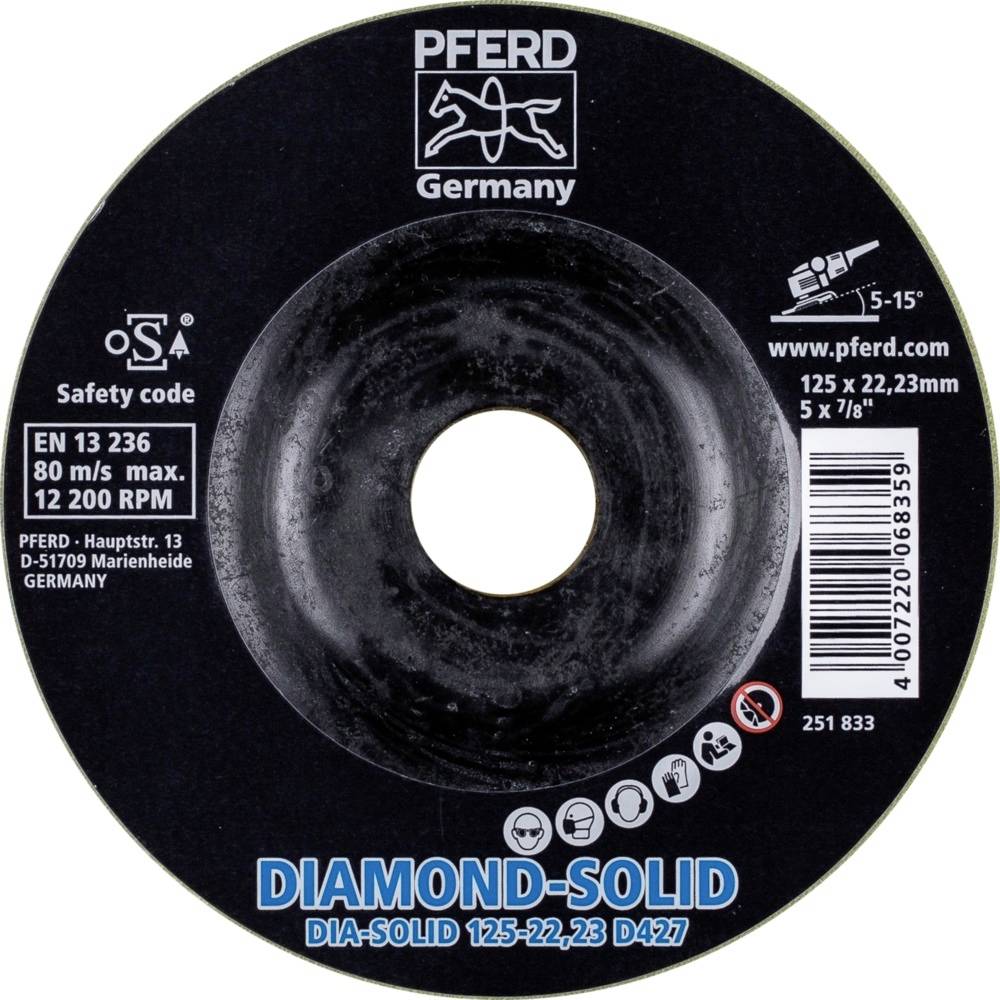 Brúsny kotúč s nápisom 'PFERD Germany' a technickými špecifikáciami: max. 80 m/s, 12.200 ot./min, 125 x 22,23 mm.