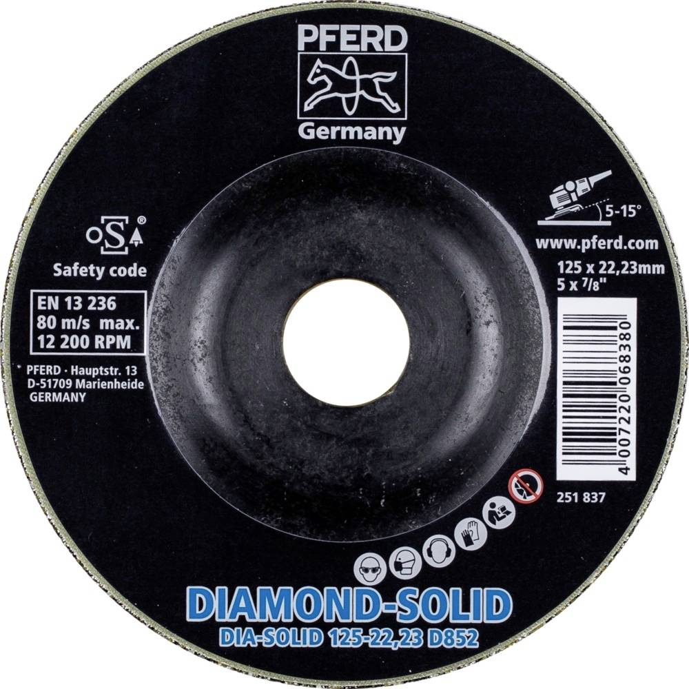 Brúsny kotúč s nápisom 'DIAMOND-SOLID'. Vrátane bezpečnostných a rozmerových informácií: 125x22,23mm, 80 m/s, 12.200 ot./min.