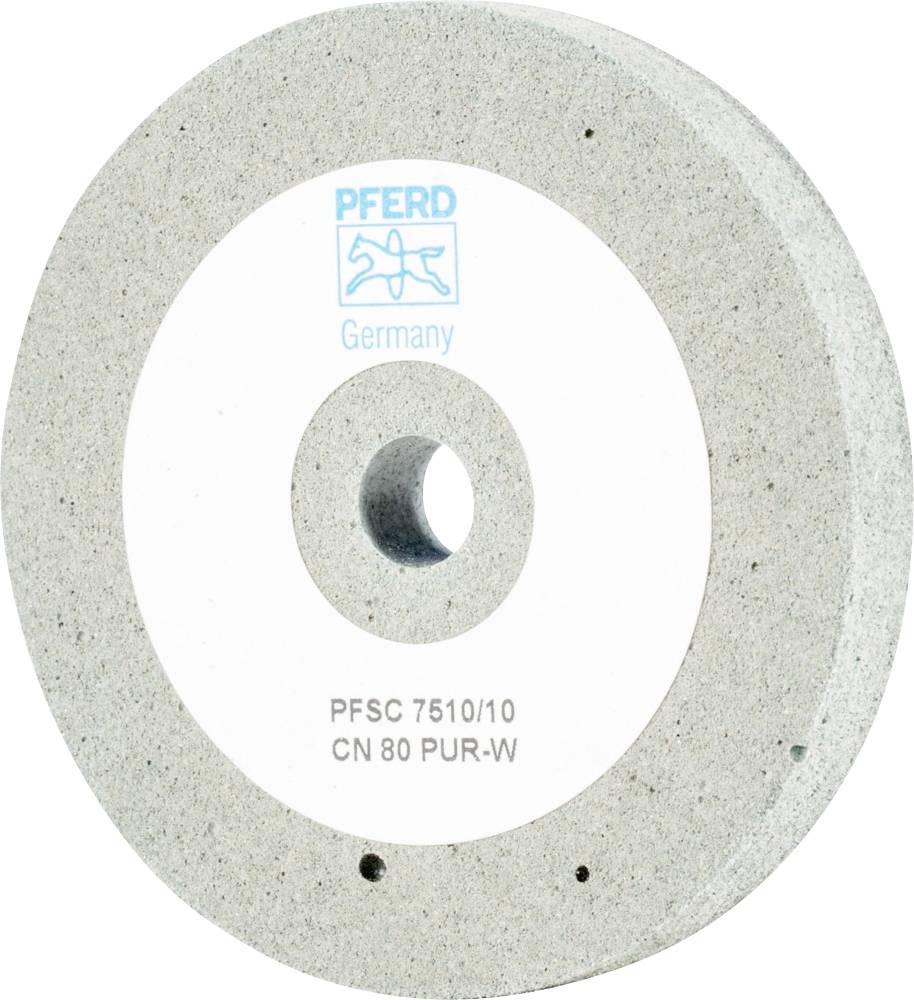 Sivý brúsny kotúč s etiketu v strede, s nápisom 'PFERD Germany, PFSC 7510/10 CN 80 PUR-W', s otvorom v strede.