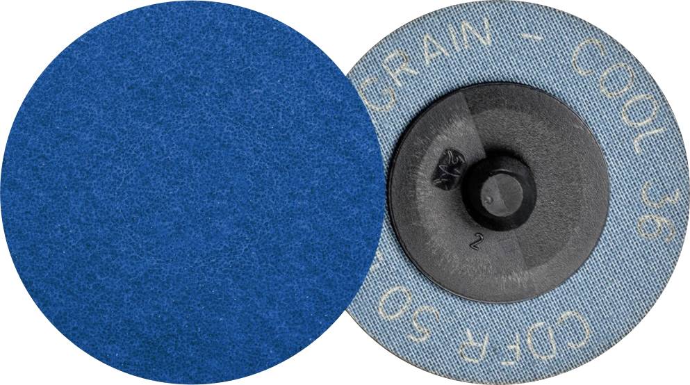 Brúsny kotúč s modrou brúsnou plochou a sivým zadkom, nápis na zadnej strane: GRAIN - COOL 36, CDR-50.