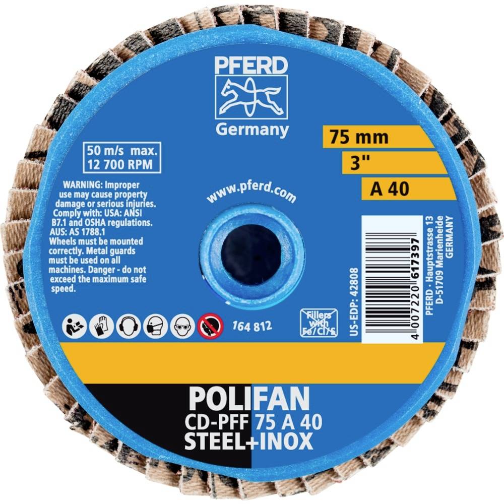 Brúsny kotúč 'POLIFAN CD-PFF 75 A 40' od PFERD Germany, priemer 75 mm, pre oceľ a nehrdzavejúcu oceľ, 50 m/s, 12700 ot./min, vrátane výstražných upozornení.