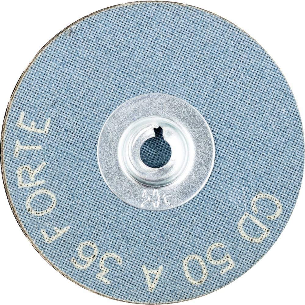 Kruhovitý modrý brúsny papier s nápisom 'FORTE CD 50 A 56'. Má centrálny kovový otvor na upevnenie.