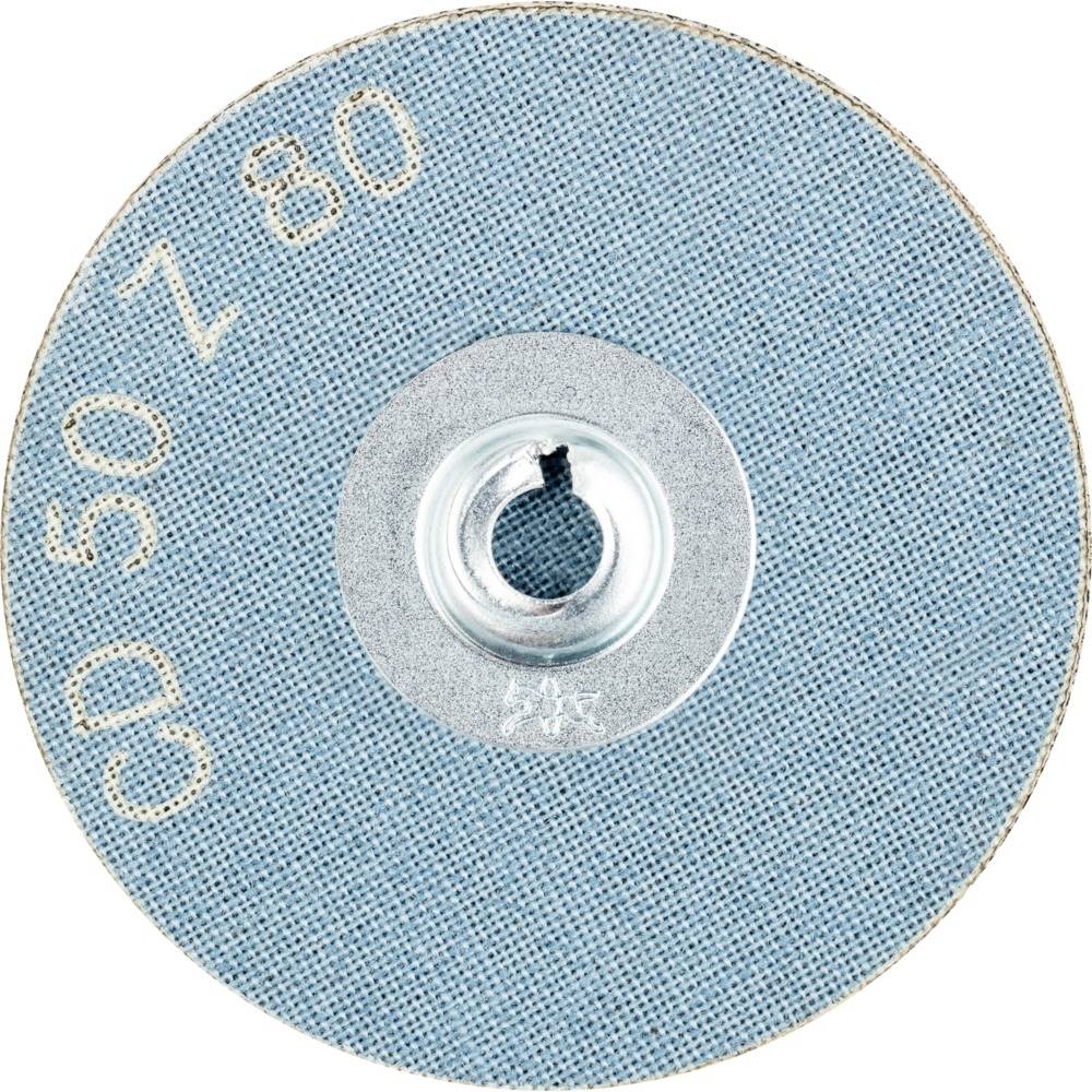Okrúhly brúsny papier s nápisom 'CD 50 Z 80', stredová kovová svorka, používaný na brúsne práce.