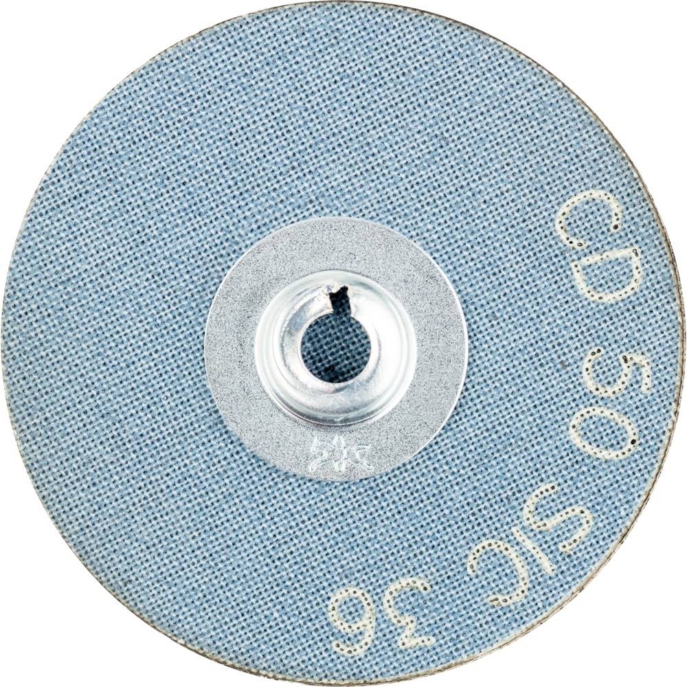 Guľatý brúsny kotúč s modrým povrchom a bielym textom 'CD 50 SiC 36', v strede s centrálnym otvorom na upevnenie.