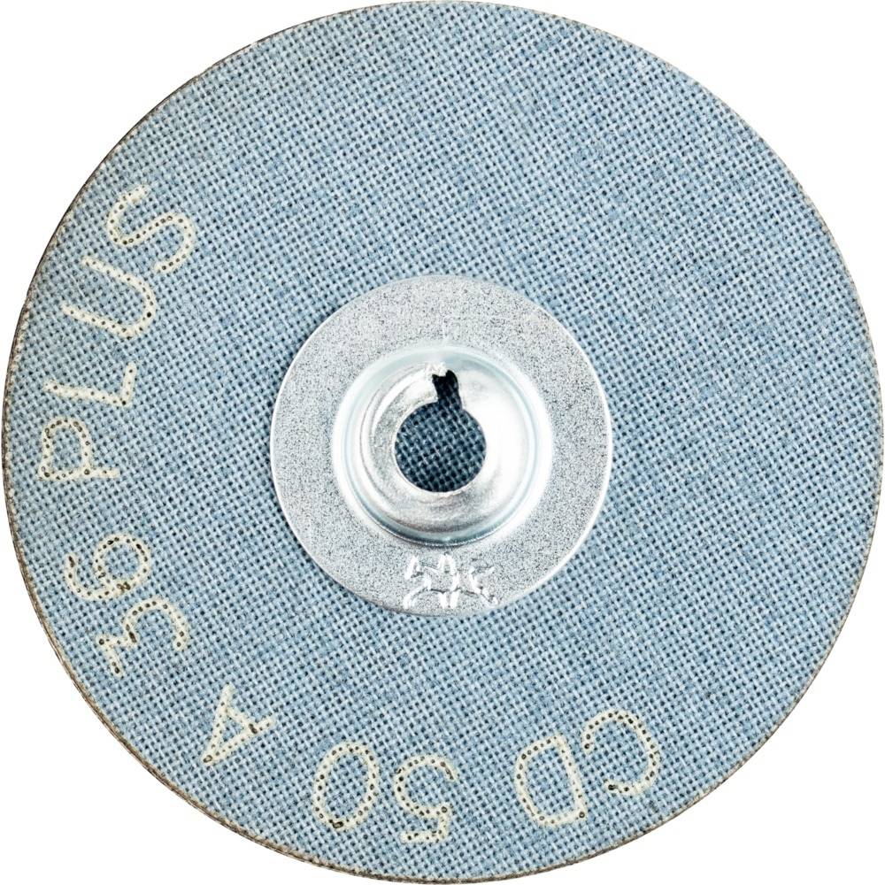 Brúsny kotúč s potlačou 'CD 50 A 36 Plus', kruhového tvaru s centrálnym kovovým otvorom. Textúra je drsná, farba namodralá.