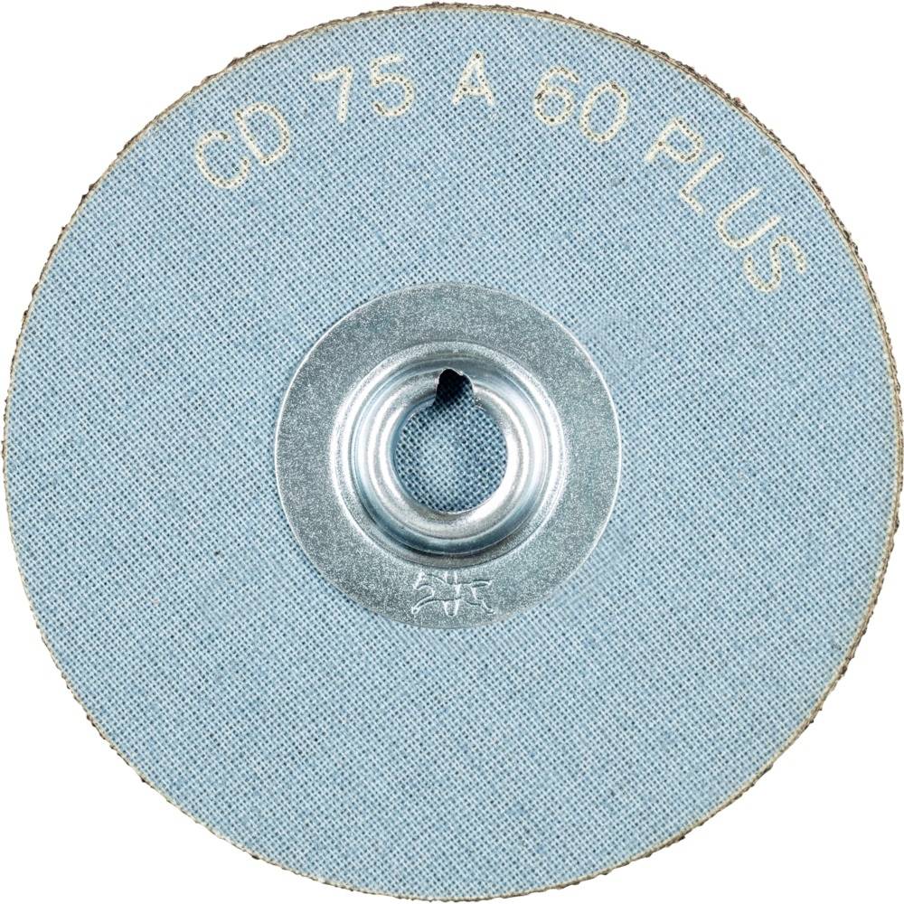 Okrúhly brúsny papier s nápisom "CD 75 A 60 PLUS", s modným povrchom a kovovým úchytom uprostred na upevnenie.
