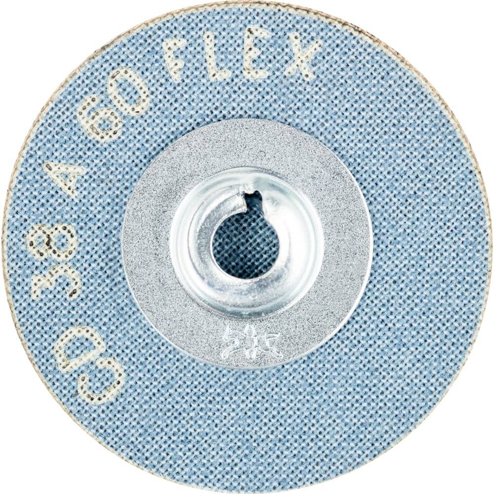 Brúsny kotúč s modrým brúsnym materiálom a strieborným stredovým otvorom. Nápis: 'CD 38 A 60 FLEX'.