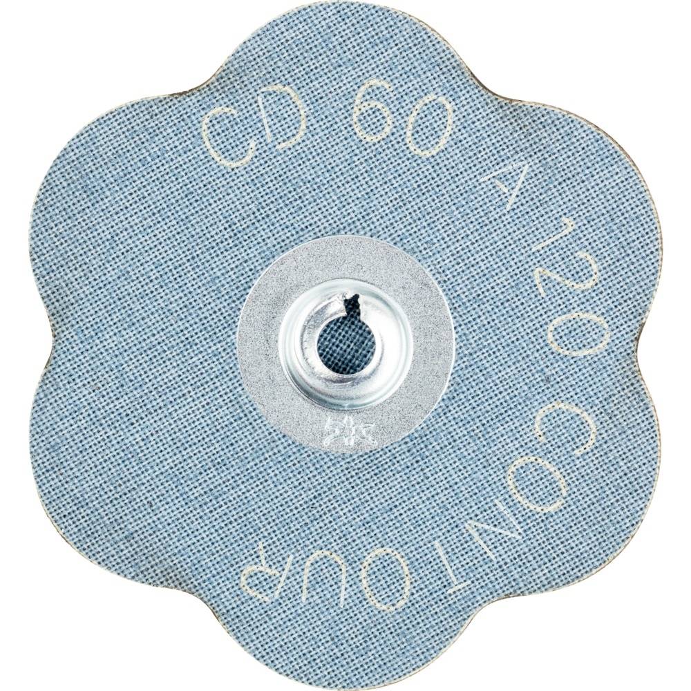 Modrosivý brúsny kvet s nápisom 'CD 60 A120 CONTOUR'. Má centrálnu kovovú slučku na upevnenie.