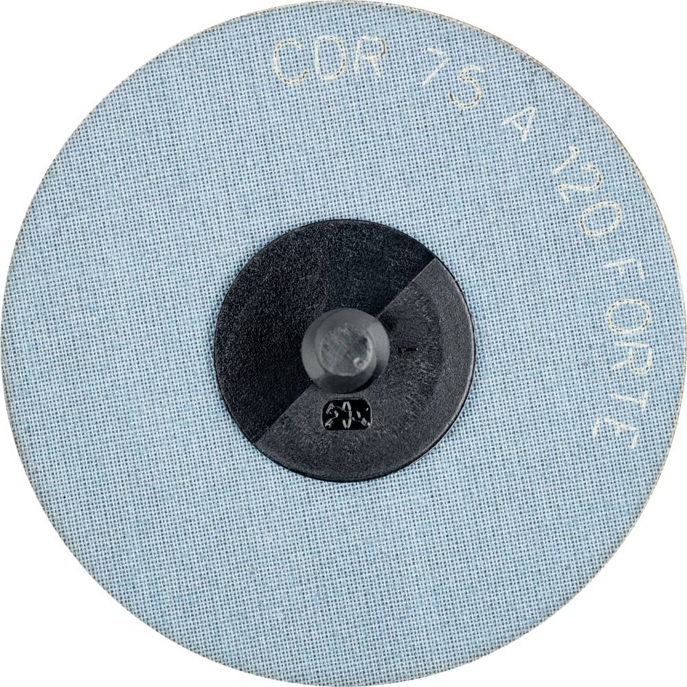 Guľatý brúsny kotúč s nápisom CDR 75 A 120 FORTE v modrej farbe, centrovaný na čiernej montážnej základni.