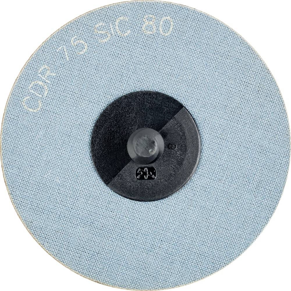 Okrúhly modrý brúsny kotúč s nápisom 'CDR 75 SIC 80', centrálne upevnený na čiernom plastovom základe.