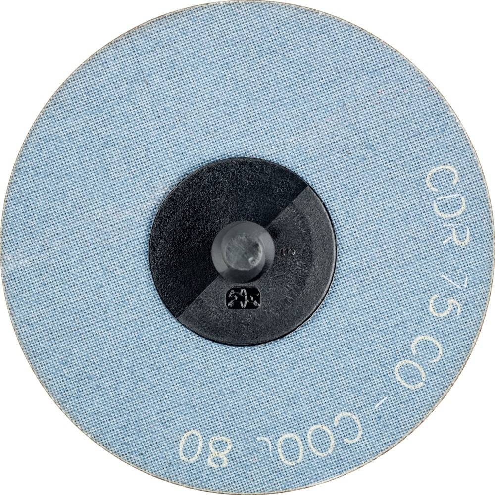 Okrúhly modrý brúsny kotúč s nápisom 'CDR 75 CO-COOL 80' na povrchu, centrovaný okolo čierneho držiaka.