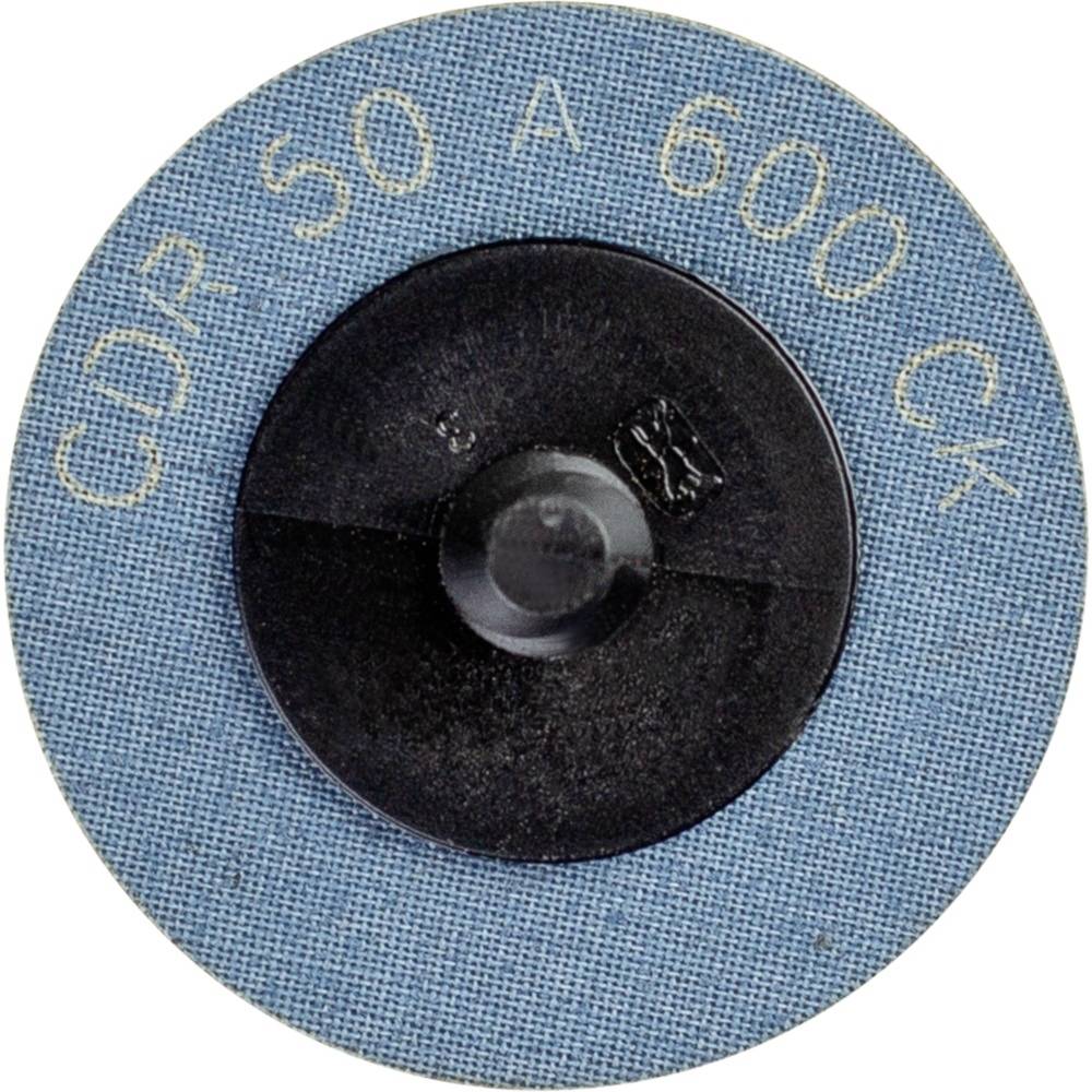 Okrúhly brúsny papier s nápisom 'CDR 50 A 600 CK'. Modrý s čiernym stredom, navrhnutý na brúsne práce.