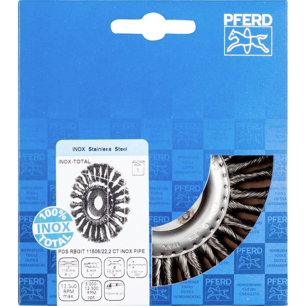 Obal oceľovej kefy značky "Pferd" určenej pre uhlové brúsky. Na obale sú vytlačené informácie o veľkosti, otáčkach a použití.