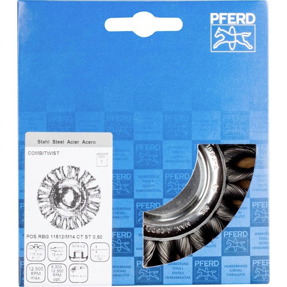 Balenie kombinovaného štetcového nástroja od PFERD. Obsahuje technické špecifikácie ako veľkosť a materiál: oceľ, 0,50 mm.