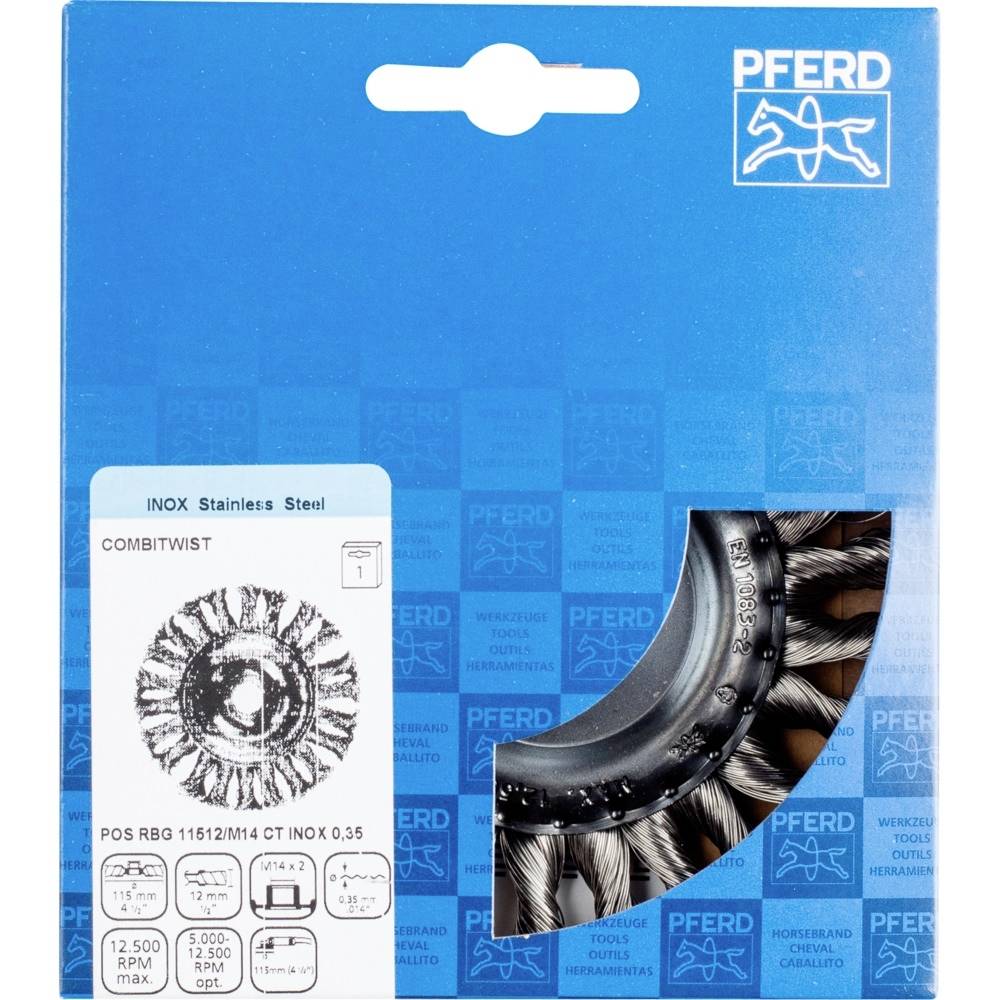 Obal produktu 'PFERD' pre INOX Combitwist drôtenú kefu s obrázkom kefy, technickými špecifikáciami a odporúčaniami otáčok na modrom pozadí.