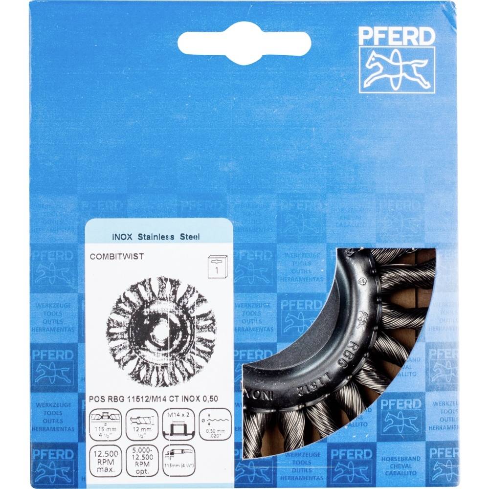 Obal oceľovej kefy. Obchodná značka hore. Na obrázku je kefa s technickými údajmi: '12.500 ot./min max', '0,50 mm drôt'.