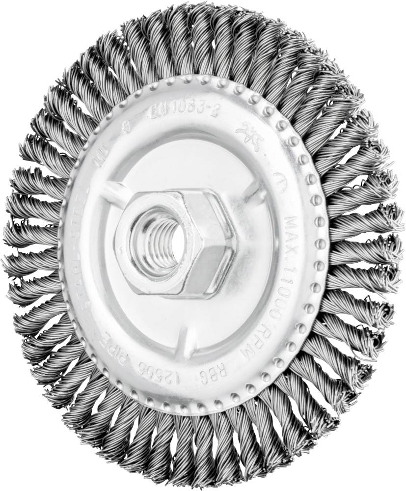 Obrázok okrúhleho nástavca drôtenej kefy so špirálovo usporiadanými kovovými štetinami a centrálnym upevnením pre skrutku.