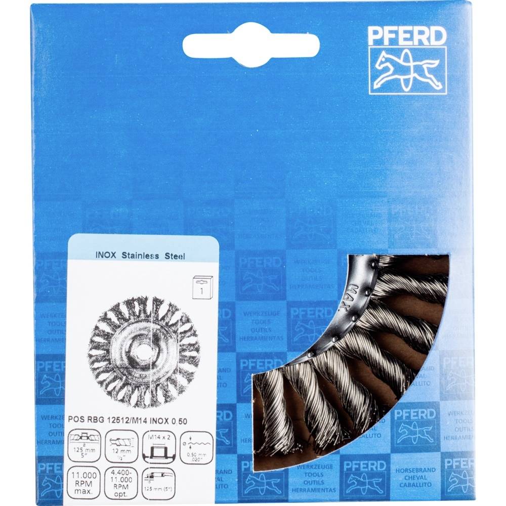 Obal kefy PFERD INOX z nehrdzavejúcej ocele, zobrazujúci produkt a technické informácie vrátane rozmerov a otáčok.