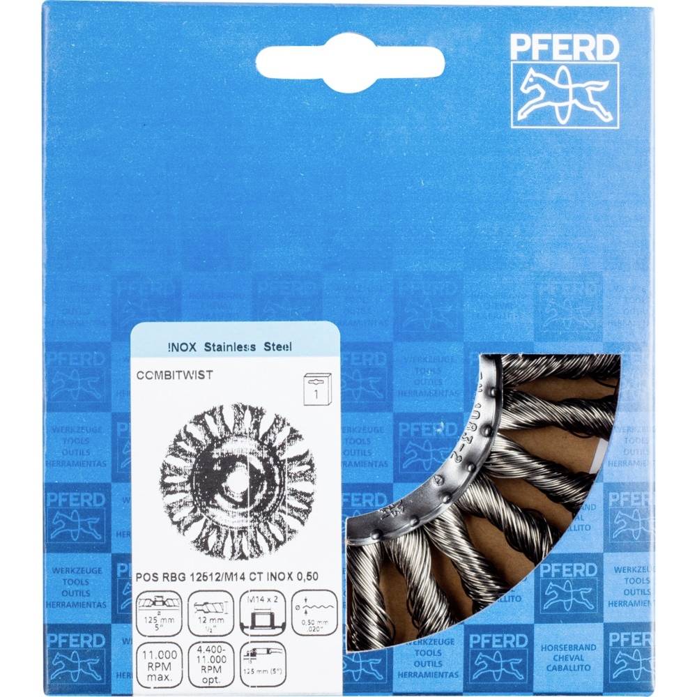 Kefka z drôtenej ocele PFERD, nehrdzavejúca, opletané štetiny, balenie s obrázkom produktu a špecifikáciami vrátane rozmerov.