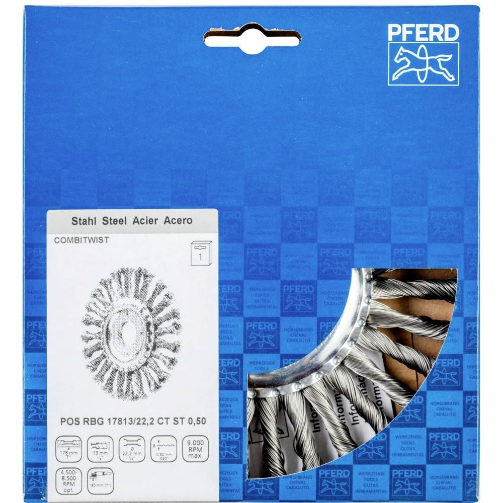 Obal oceľovej drôtenej kefy značky Pferd. Zobrazuje obrázok kefy, informácie o produkte a firemné logo.