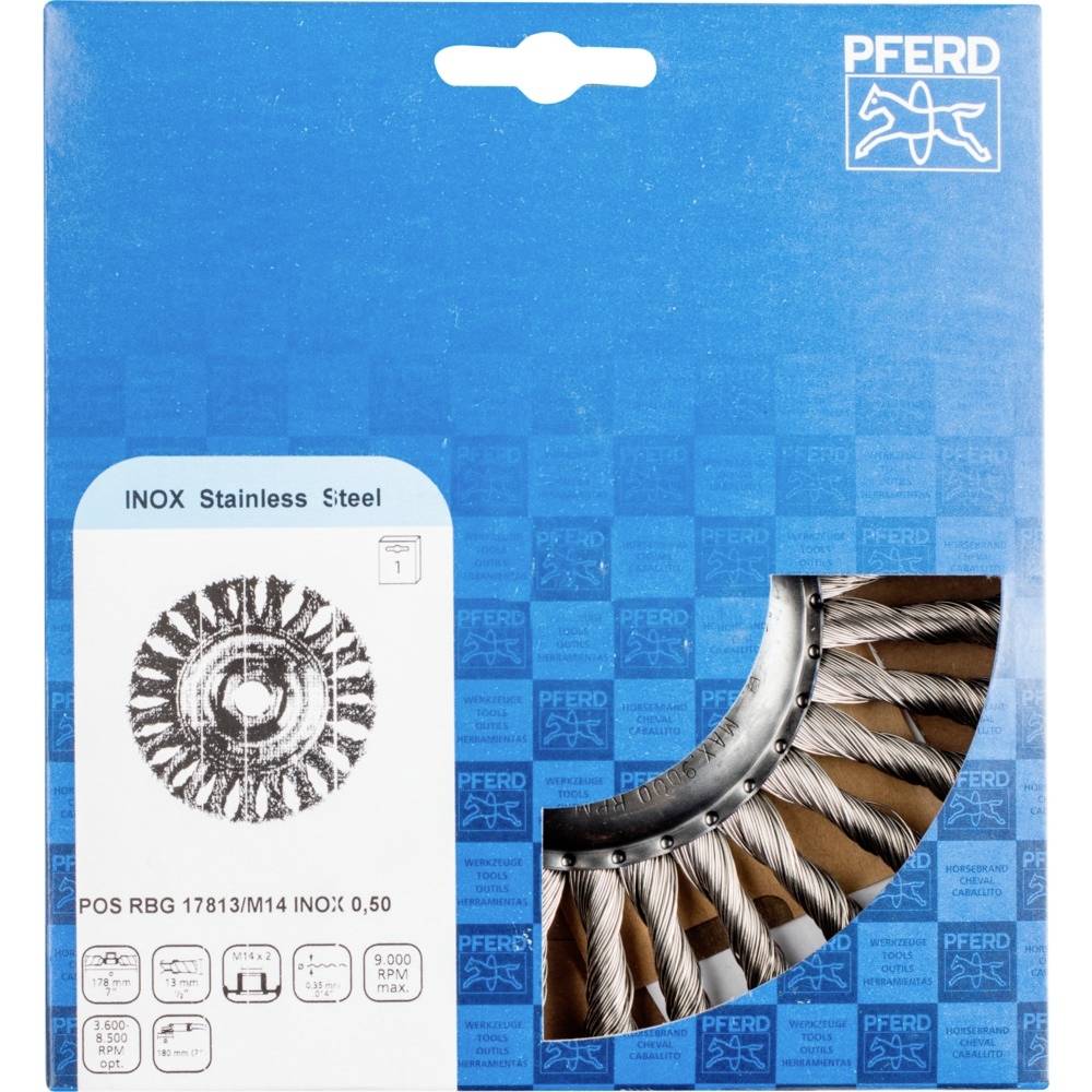 Balenie oceľovej kefy od značky PFERD v modrej farbe, so zobrazením produktu a technickými špecifikáciami. Vhodné pre spracovanie kovov.