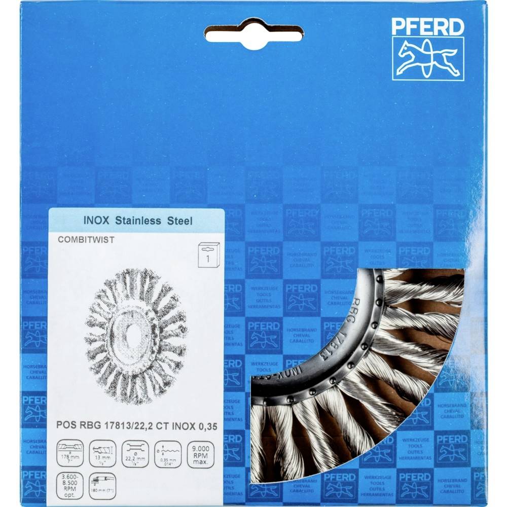 'PFERD Inox Nehrdzavejúca oceľ COMBITWIST' kefa v balení, zobrazenie drôtenej kefy s podrobnými informáciami o produkte.