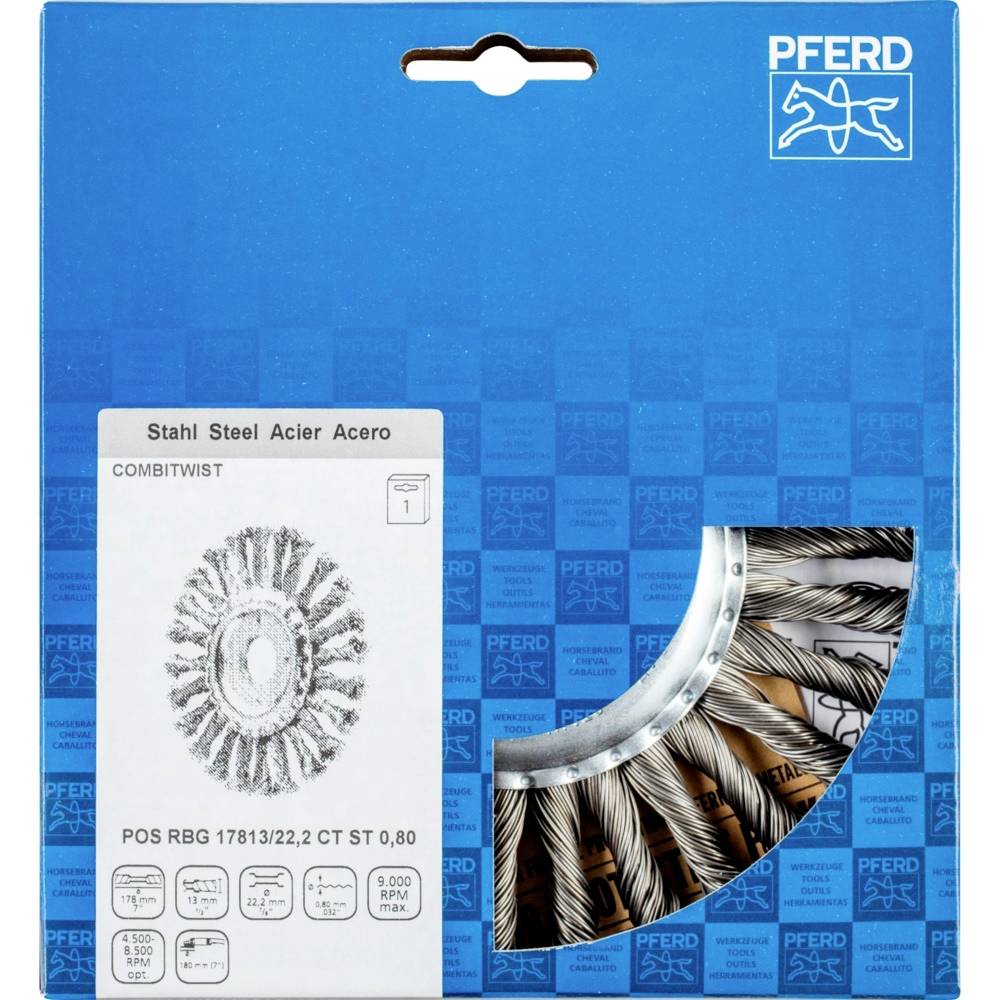 Balenie drôtenej kefy pre vŕtačky, značka 'PFERD', navrhnuté pre opracovanie ocele. Zobrazuje obrázok produktu a technické špecifikácie.